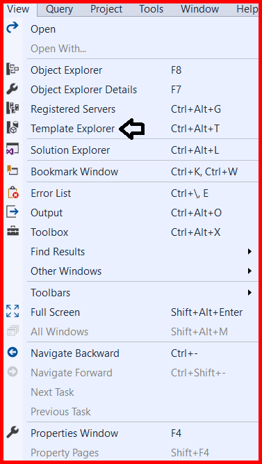 Picture showing the template explorer option inside the View menu